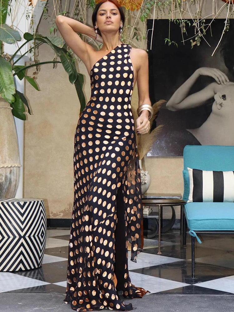 MO Print Polka Dot Halter Women Maxi Dress