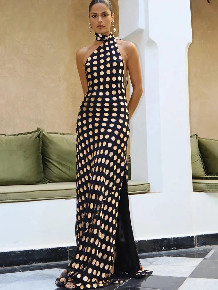 MO Print Polka Dot Halter Women Maxi Dress