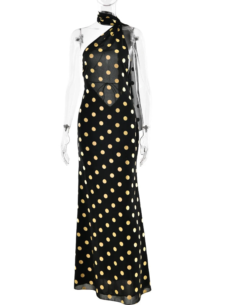 MO Print Polka Dot Halter Women Maxi Dress
