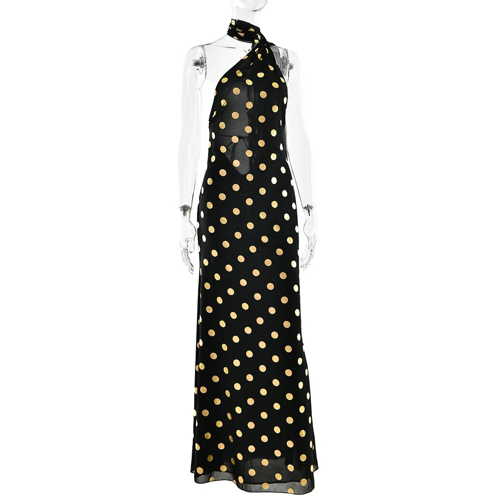 MO Print Polka Dot Halter Women Maxi Dress