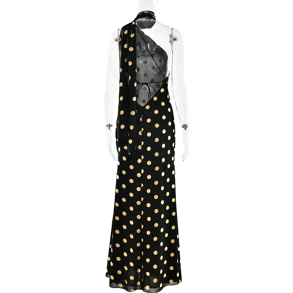MO Print Polka Dot Halter Women Maxi Dress