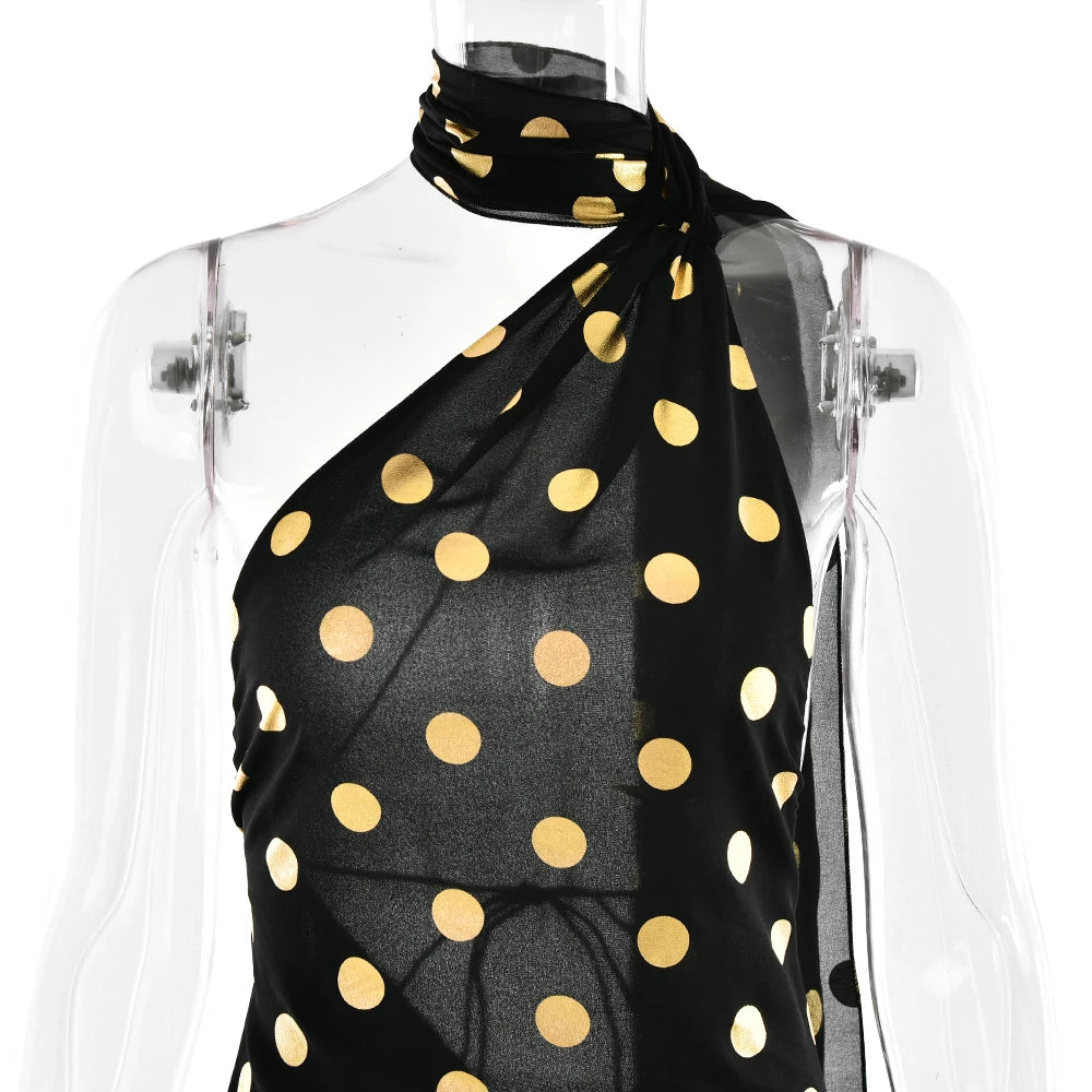 MO Print Polka Dot Halter Women Maxi Dress